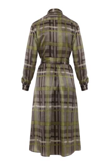 Silk windowpane-check belted shirtdress in taupe and green