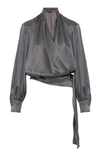 Silk deep-V tie-waist top in brown and sky