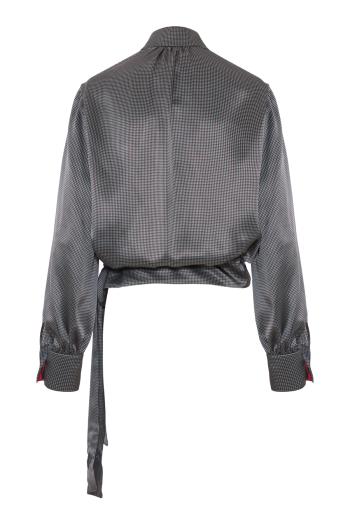 Silk deep-V tie-waist top in brown and sky