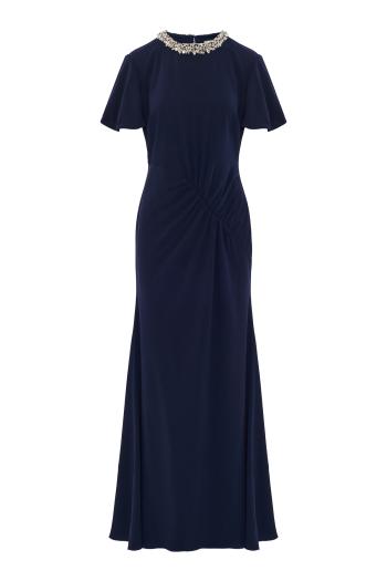 Crystal neckline draped sleeve gown in navy