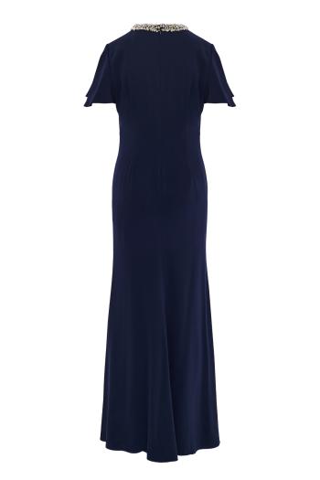 Crystal neckline draped sleeve gown in navy