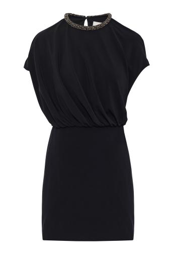 Crystal-neckline blouson mini dress in black