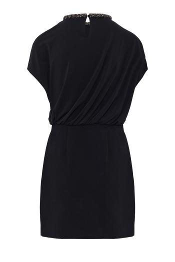 Crystal-neckline blouson mini dress in black