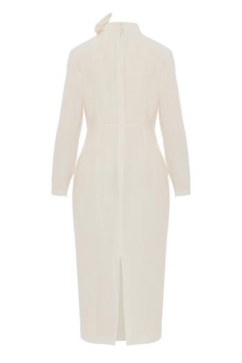 Silk-ramie jacquard bow-neck midi dress in cream