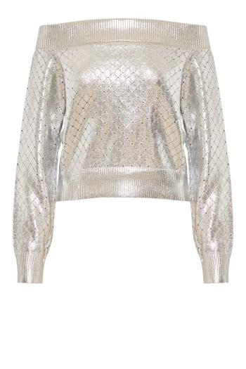 Foil off-shoulder sweater in silver