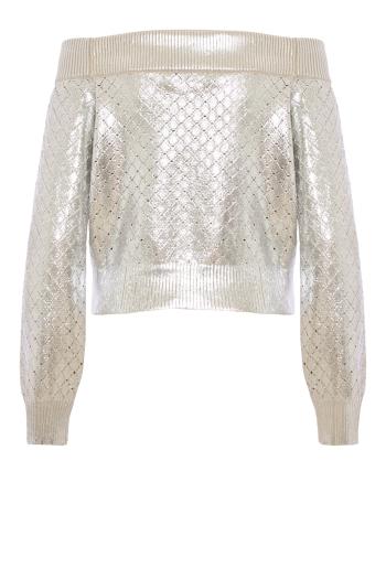 Foil off-shoulder sweater in silver
