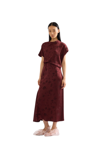 Floral jacquard crepe midi dress in bordeaux