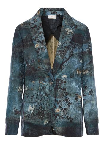 Silk floral one-button blazer in teal