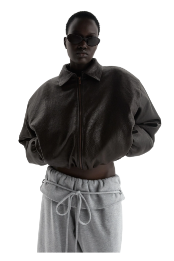 Cropped leather bomber jacket in dark brown