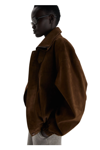 Snap-collar suede aviator jacket in brown