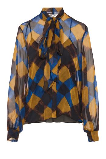 Garcele silk chiffon bow-neck blouse in caraway plaid