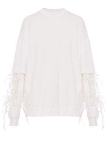 Troy cotton double-sleeve top with feathers in white