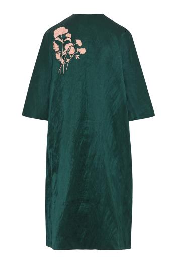 Embroidered textured satin coat in forest green