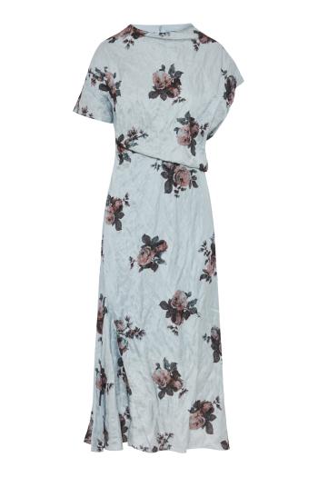 Margot floral crushed satin asymmetric midi dress in artists blue