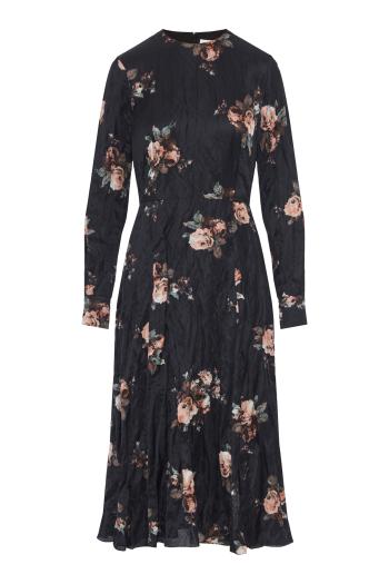 Floral crushed satin long sleeve midi dress in black