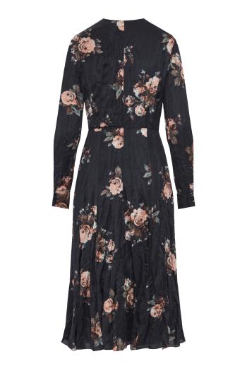 Floral crushed satin long sleeve midi dress in black