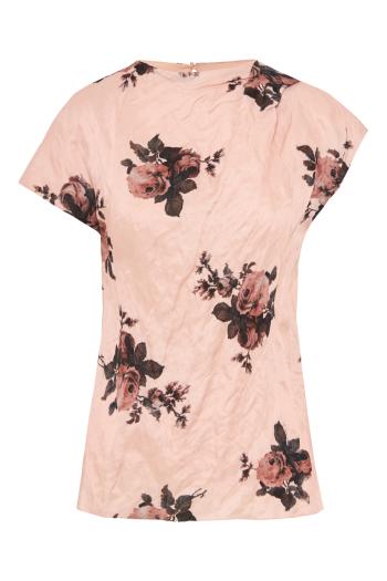 Floral crushed satin short sleeve draped top in petal pink