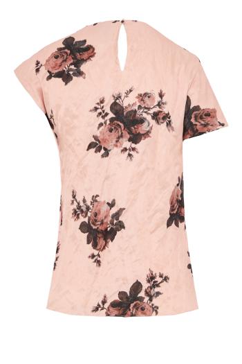 Floral crushed satin short sleeve draped top in petal pink