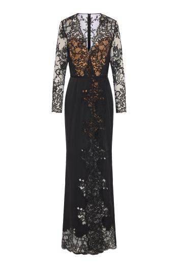 Floral lace V-neck gown in black