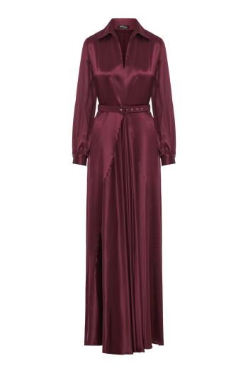 Silk belted shirt-collar gown in bordeaux