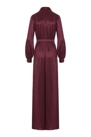 Silk belted shirt-collar gown in bordeaux