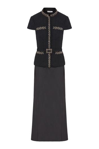 Bouclé crystal-trim satin midi dress in black