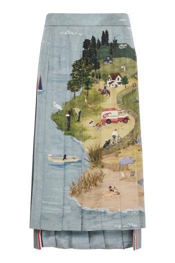 Nantucket scenic silk twill pleated skirt in multicolour