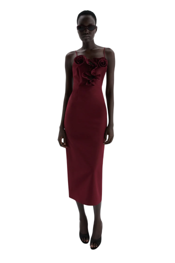 Cotton and silk flower-detail midi beach dress in bordeaux
