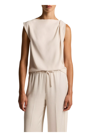 Crepe draped-shoulder sleeveless top in blush cloud