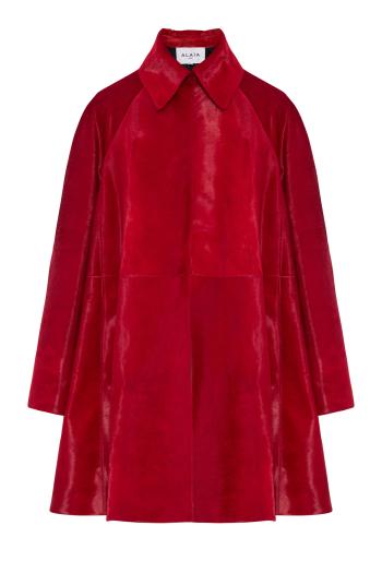 A-line pony-hair calfskin trench coat in rouge
