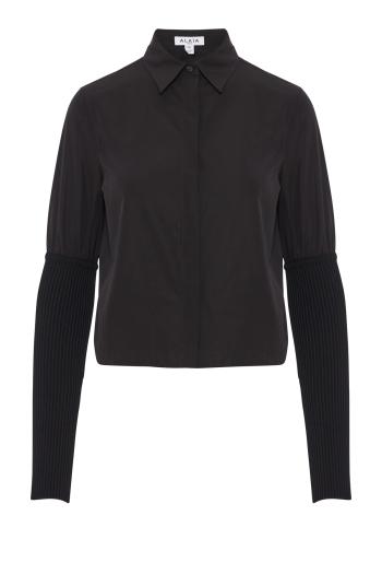 Rib-sleeve cotton poplin shirt in black