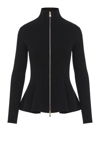 Ribbed wool-blend peplum cardigan in black