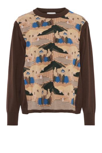Intarsia knitted wool and cotton sweater in brown