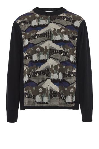Intarsia knitted wool and cotton sweater in grey