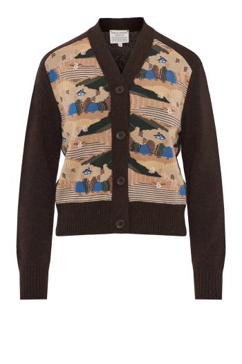 Intarsia knitted wool cardigan in brown