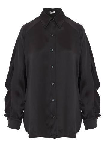 Caped silk satin shirt in black