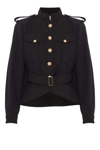 Belted wool gabardine jacket in black