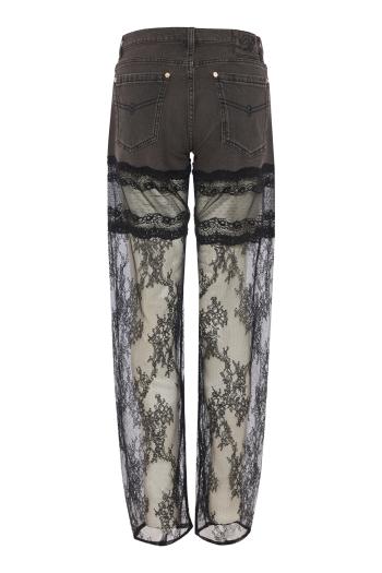 Lace-panelled denim jeans in black