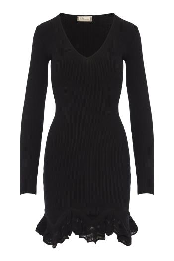 Scalloped-ruffle rib-knit mini dress in black