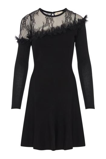 Tulle-yoke wool mini dress in black