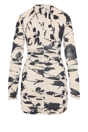 Ruched printed tulle mini dress in amberlight