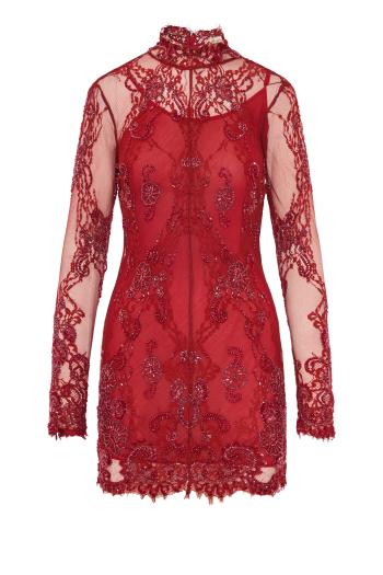 Bead-embroidered lace mini dress in lipstick red