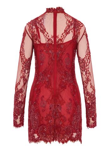 Bead-embroidered lace mini dress in lipstick red