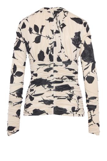 Ruched printed tulle top in amberlight