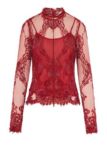 Bead-embroidered lace top in lipstick red
