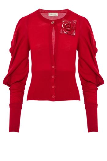 Puff-sleeve wool cardigan in lipstick red