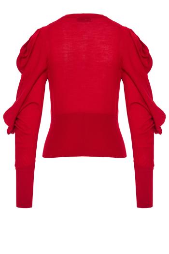 Puff-sleeve wool cardigan in lipstick red