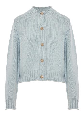 Gold-button cashmere cardigan in cloud blue