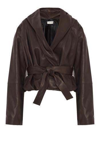 Belted peplum leather jacket in dark brown