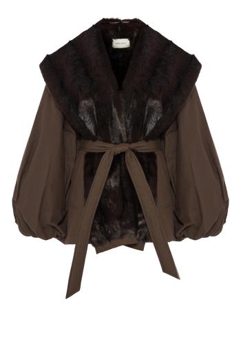 Belted cotton jacket with faux-fur collar in brown